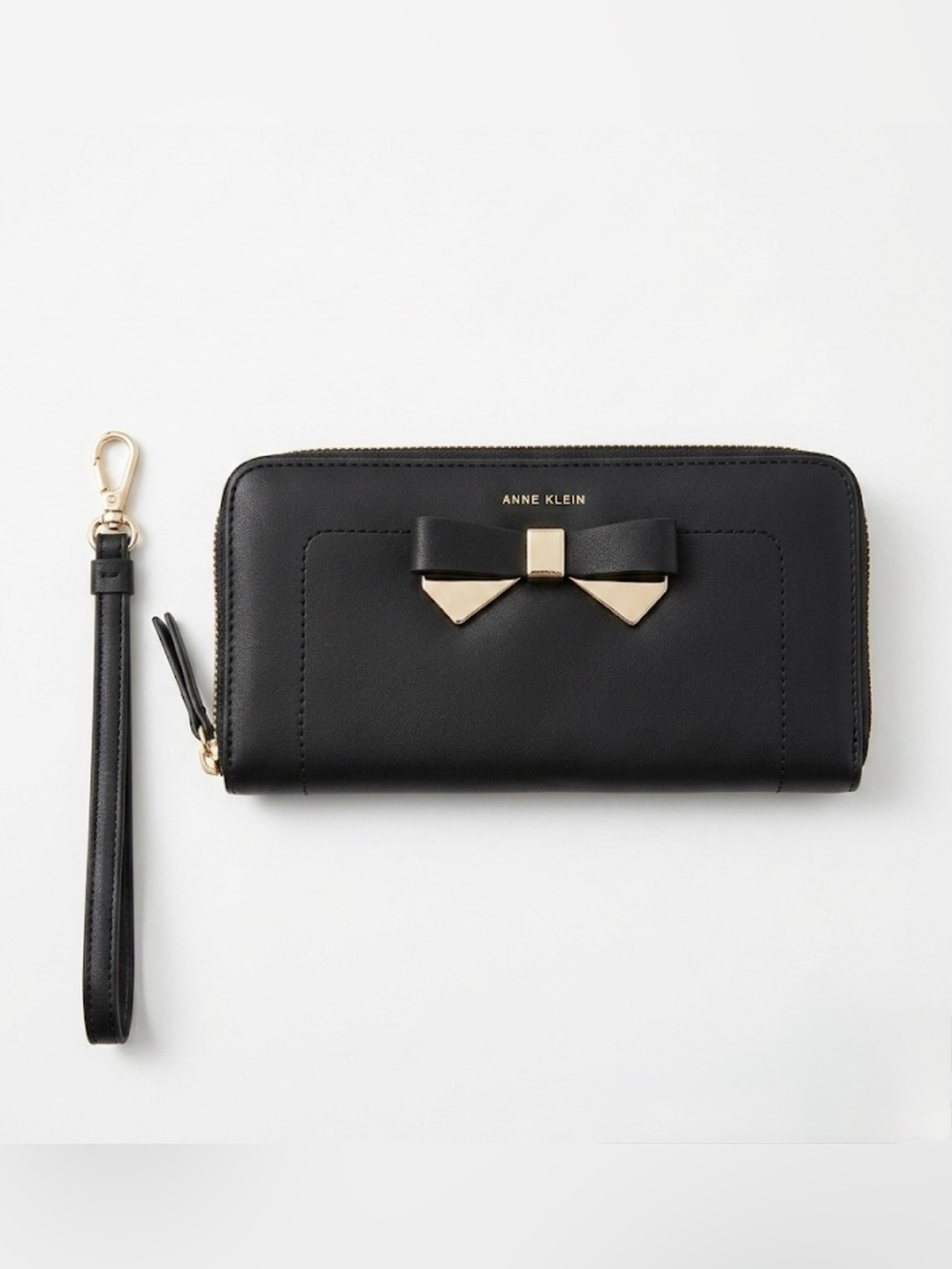 PRETTY ANNE KLEIN BLACK WRISTLET WALLET WITH BLACK & GOLD BOW